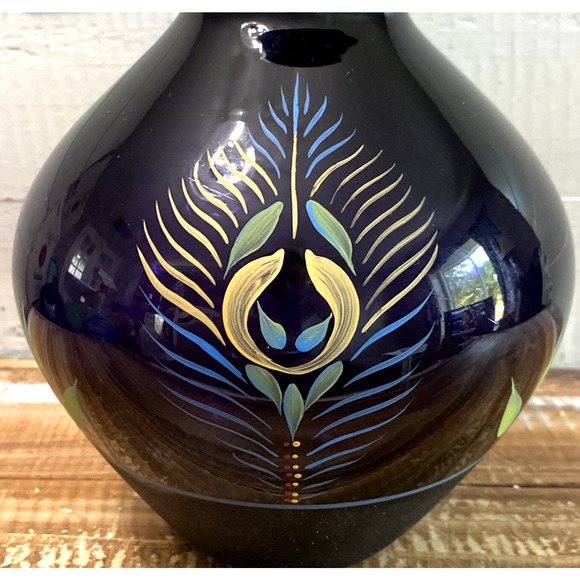Vintage Fenton Glass Purple Vase Painted Peacock Feather K. Brightbill 7.75" - Picture 9 of 12